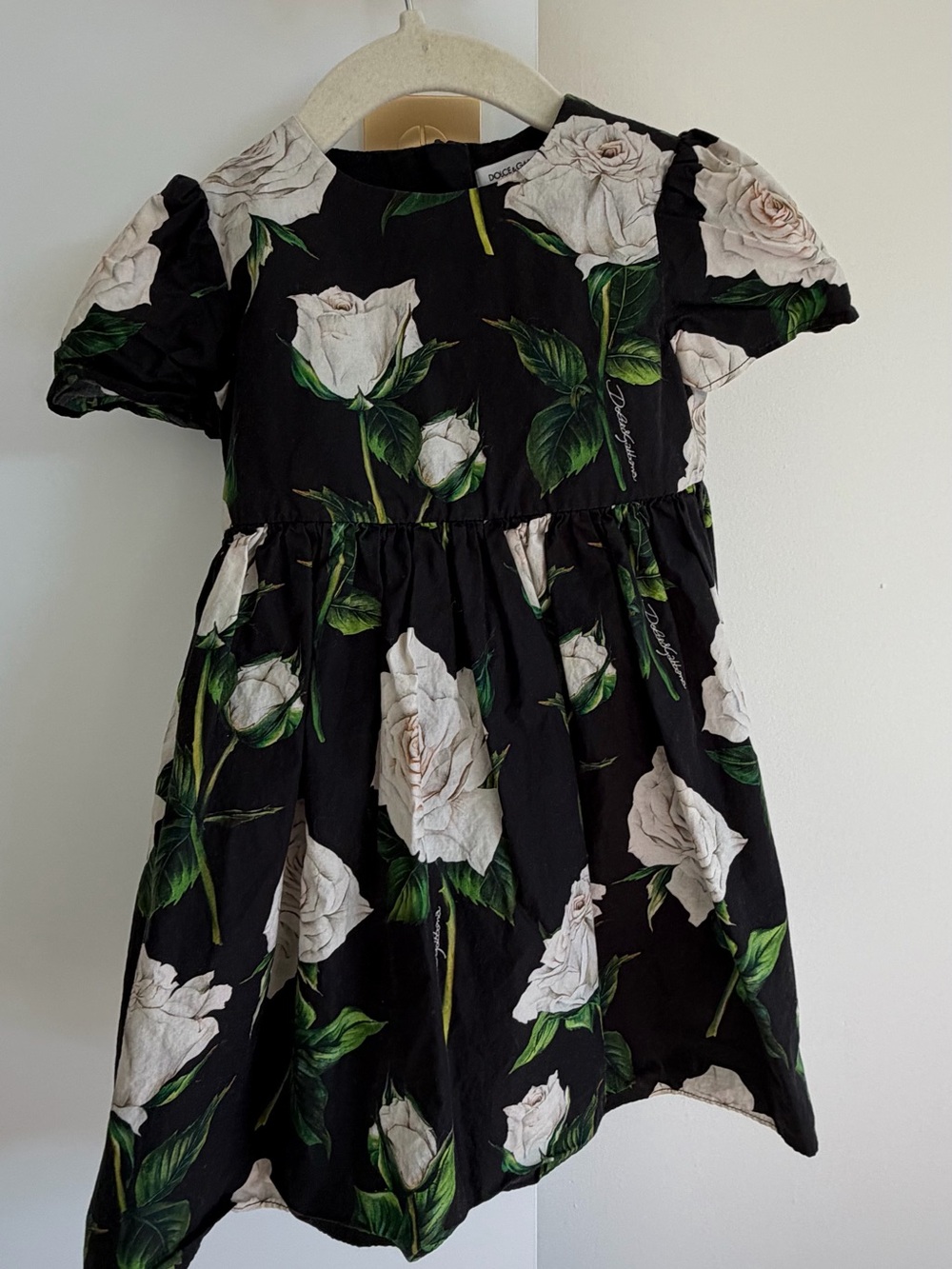 Dolce & Gabbana Black Dress with White Rose and Green Leaves